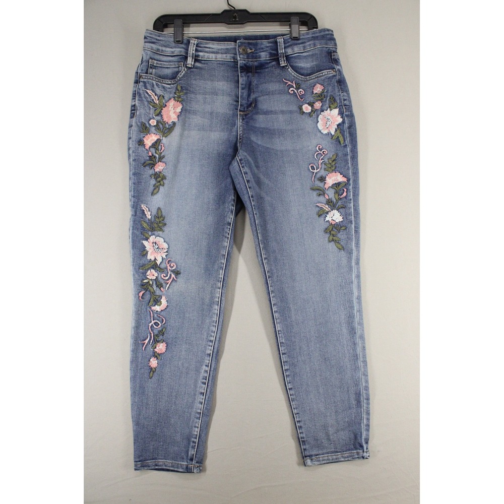 St John's Bay Skinny Leg Floral Embroidered Jeans Medium Wash Blue Denim Sz 10